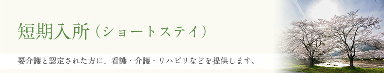 短期入所（ショートステイ）要介護と認定された方へ、看護・介護・リハビリなどを提供し在宅復帰を目指します。